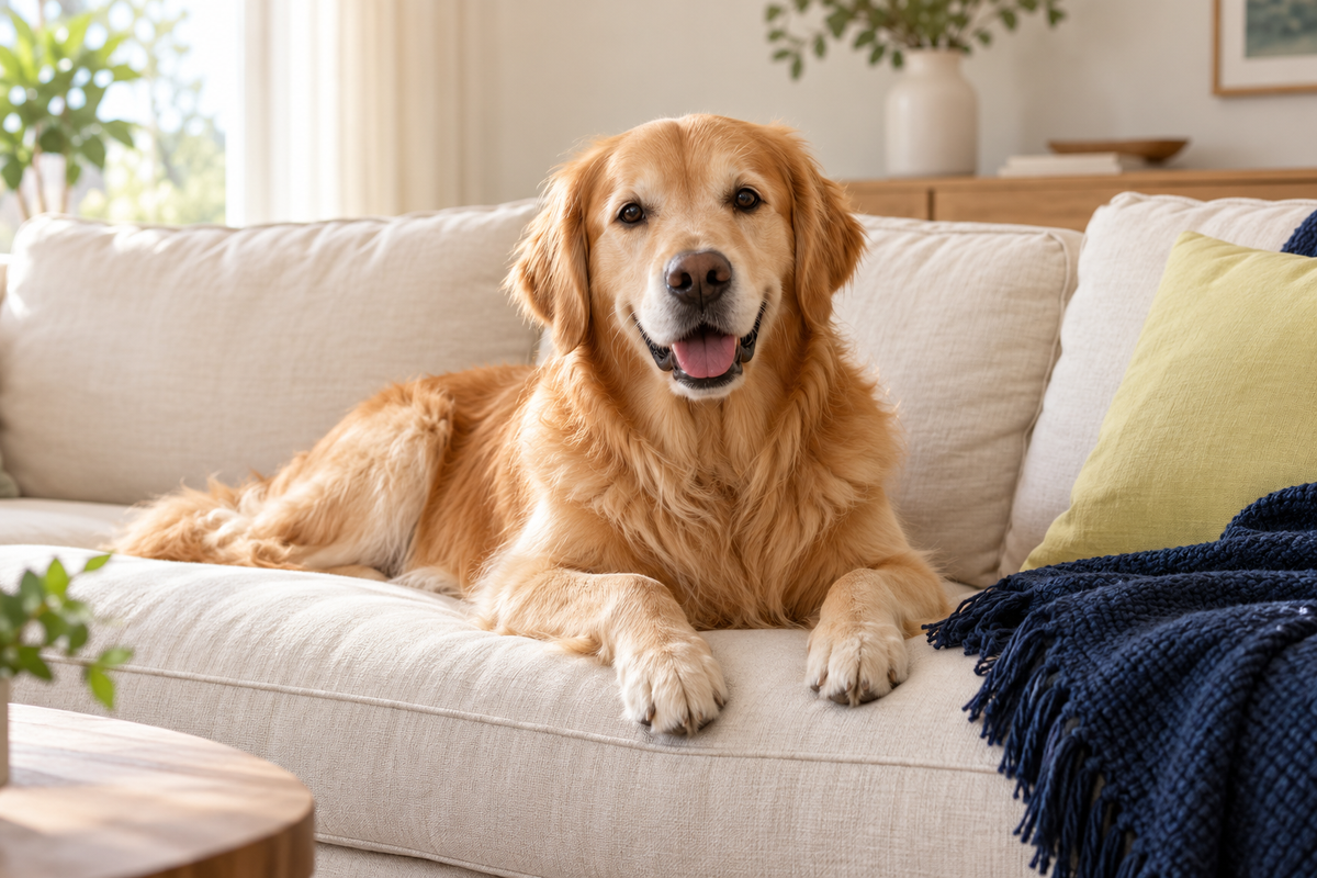 Een golden retriever ligt ontspannen op een lichte bank.