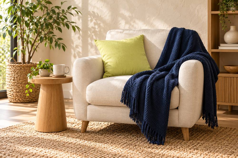 Een lichte fauteuil met een donkerblauwe plaid en limegroen kussen.